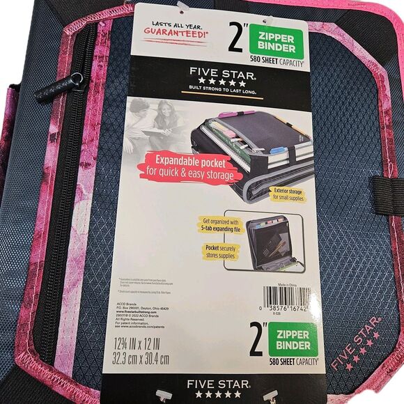 Five Star 2" Sewn Zipper Binder with Expansion Panel in Navy/Pink - Picture 6 of 6